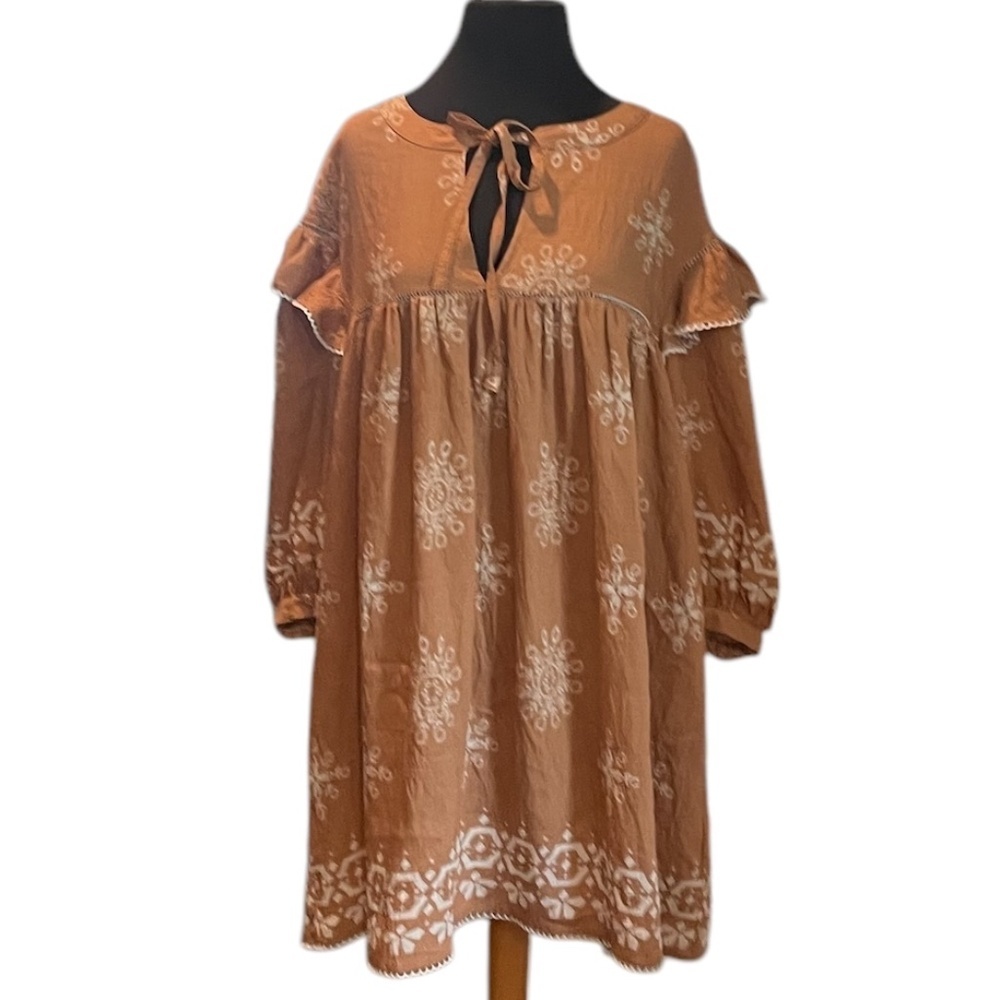 GIGIO BROWN WHITE FLORAL SIZE MEDIUM QUARTER BALLOON‎ SLEEVES DRESS, NWOT - Picture 2 of 8